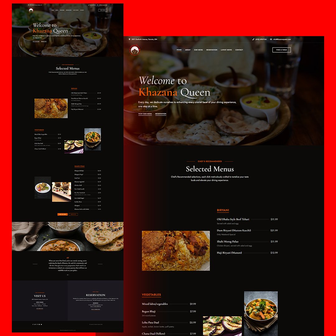 Mockup displaying the Khazana Queen restaurant website homepage with 'Dedicated to Your Delight' hero banner