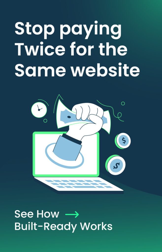 Graphic showing a hand pulling money from a laptop with the text “Stop paying twice for the same website,” promoting the Built-Ready SEO website approach.