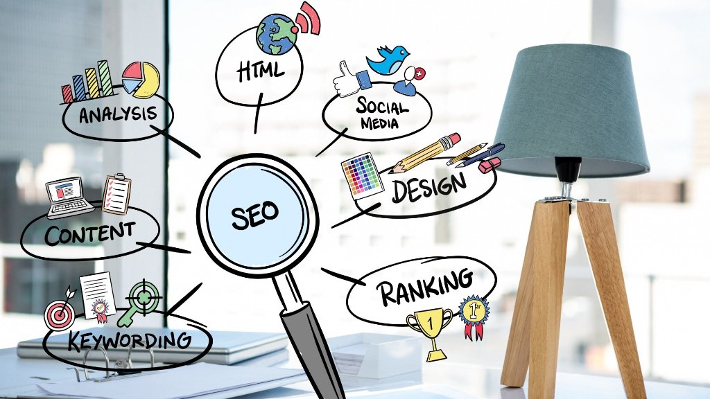 A magnifying glass over a paper with SEO terms such as content, ranking, keywords, and analytics, showing the core elements of SEO optimization.