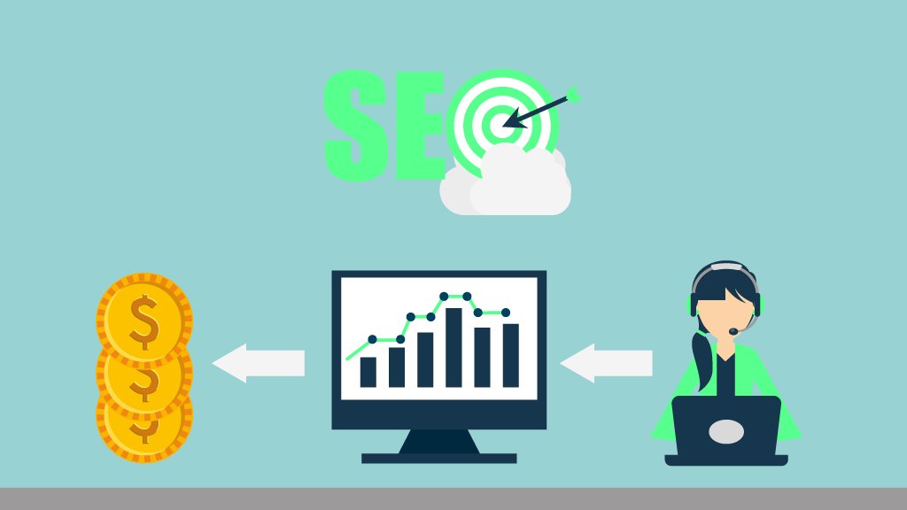 Illustration of a computer, growth chart, and coins showing how SEO increases traffic and results, not just design quality.