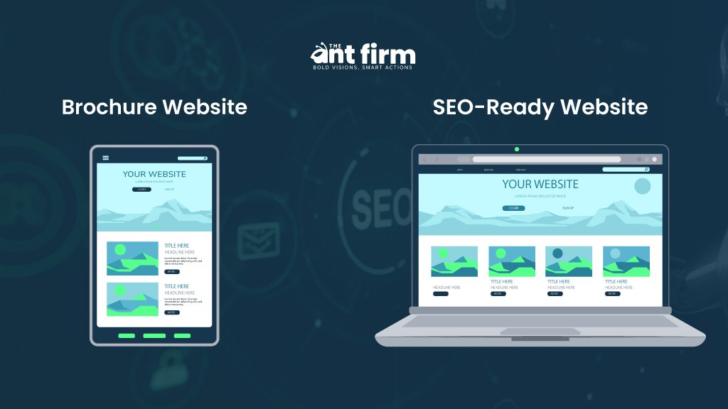 Side-by-side image showing layout examples of a brochure website and an SEO-ready website to highlight how structure and content differ.