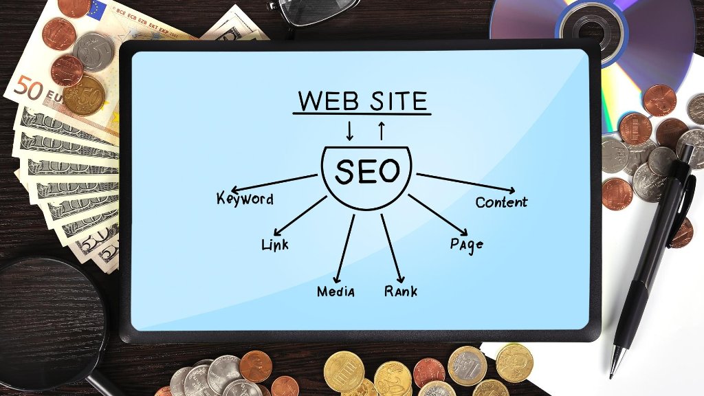 A digital tablet displaying an SEO diagram with keywords, links, media, and code — showing how structure supports ranking.