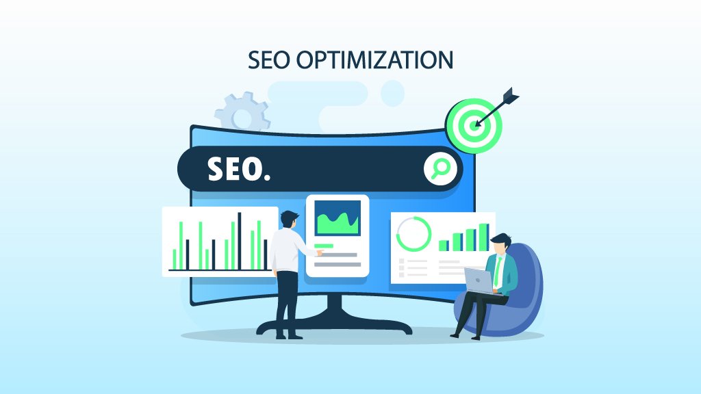 Illustration of an SEO dashboard with charts and graphs used to monitor website performance, rankings, and optimization metrics.