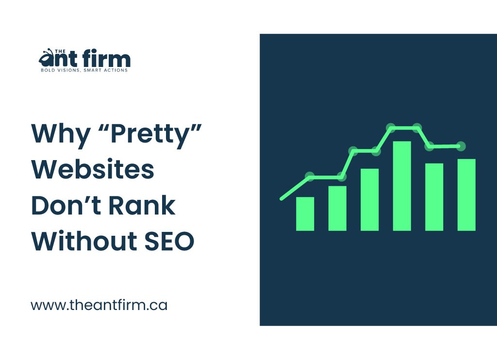 A clean cover graphic with The Ant Firm branding and a chart icon representing why visually attractive websites fail without SEO.