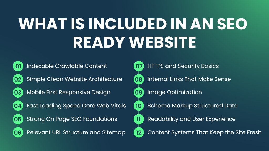 Checklist graphic showing core elements of an SEO-ready website such as site structure, speed, content, and technical SEO