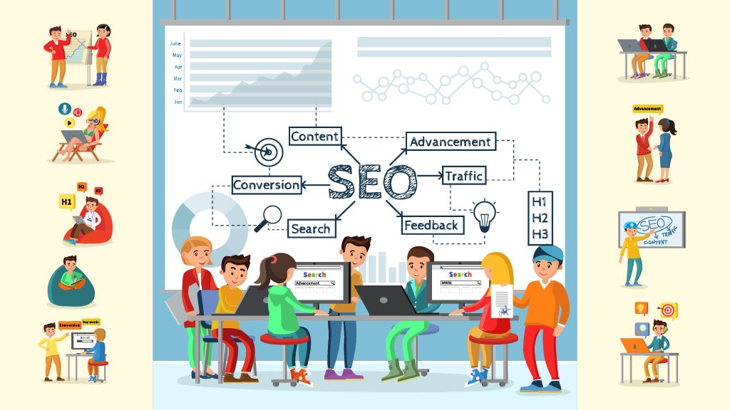 Illustration showing SEO website development and search visibility for business websites