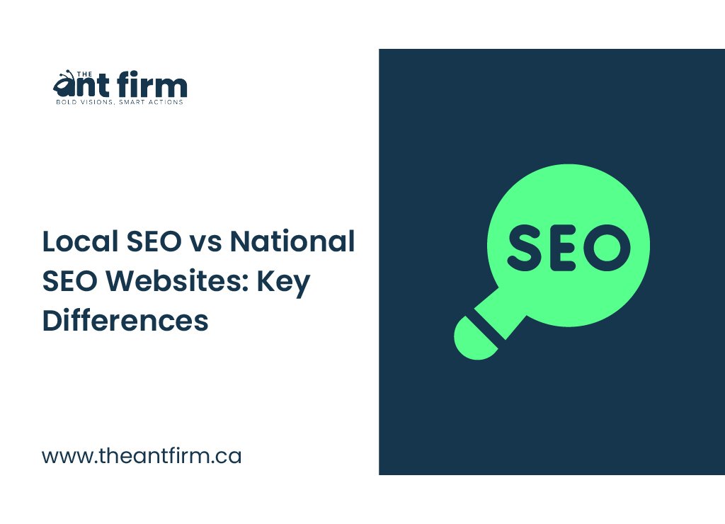 Illustration showing local SEO vs national SEO concept, comparing how businesses rank in local search results versus nationwide search visibility.