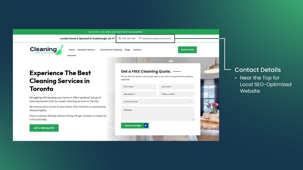 Example showing contact details placed near the top of a local SEO-optimized website