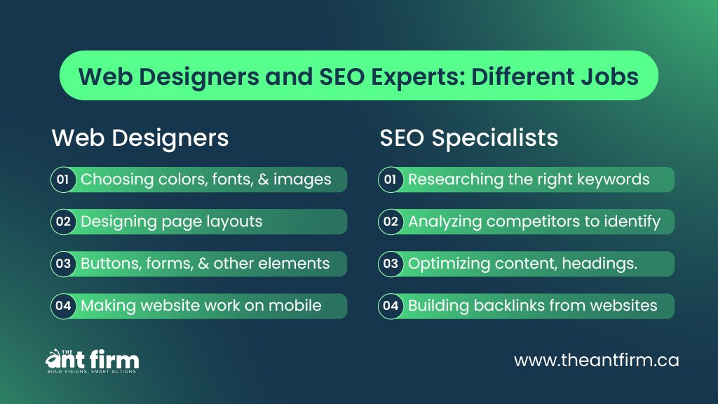 Infographic comparing web designers and SEO specialists and their differen