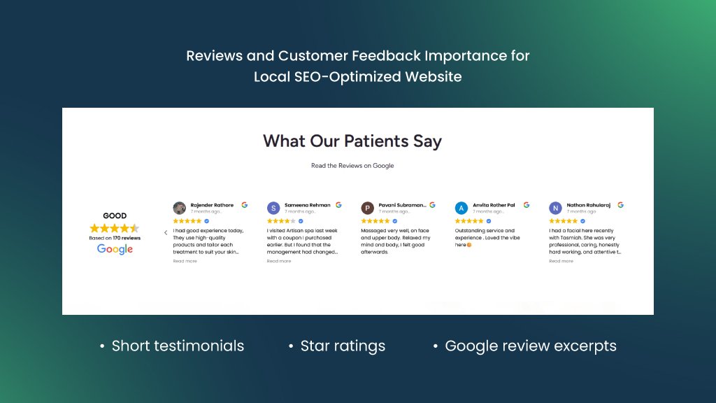 Customer testimonials and star ratings displayed on a local SEO-optimized business website