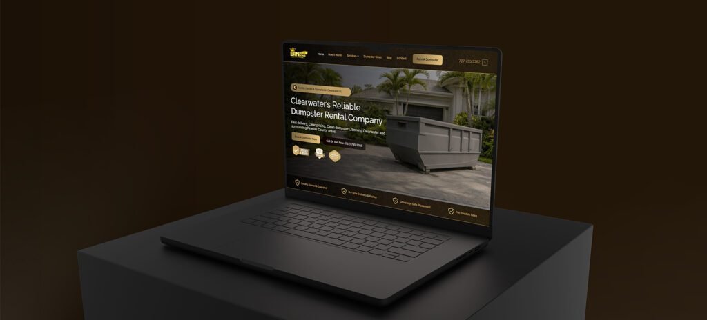 Laptop mockup showing the Bin King dumpster rental website homepage with dark gold branding and call-to-action buttons