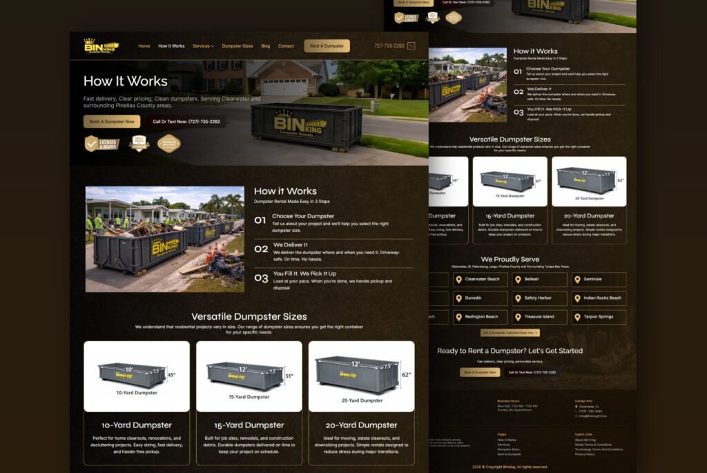 Dumpster rental contact page design featuring a detailed quote request form and service information section