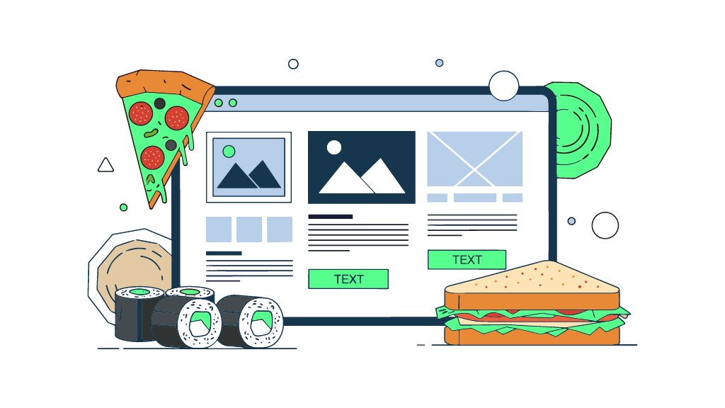 Illustration of a tablet showing a restaurant website layout with food icons, representing menus and online ordering features