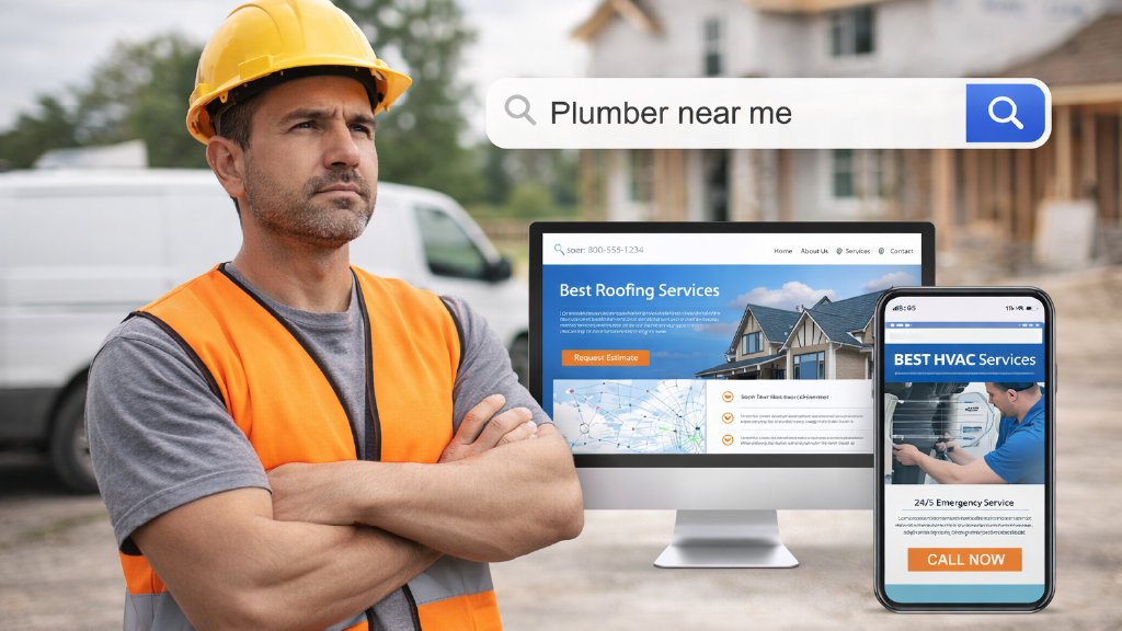 contractor searching plumber near me with roofing and HVAC website displayed on desktop and mobile screens