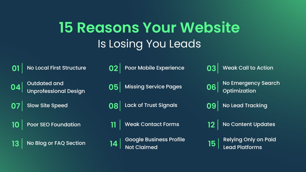 15 reasons contractor website design loses leads including poor mobile experience, weak SEO foundation, and missing service pages