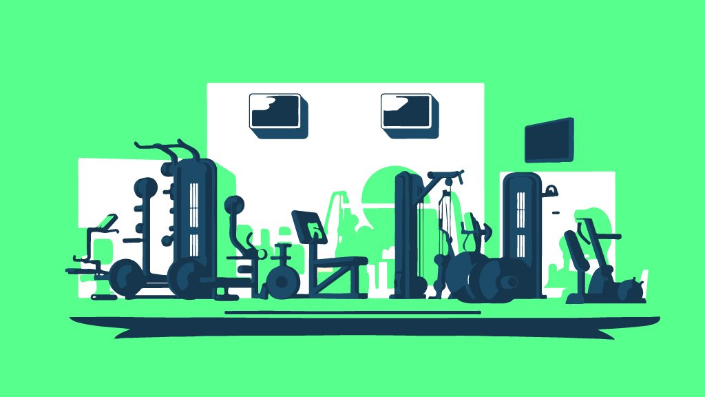 Illustration of a Canadian fitness centre interior featuring weight machines, cardio equipment, and training stations for local gym members