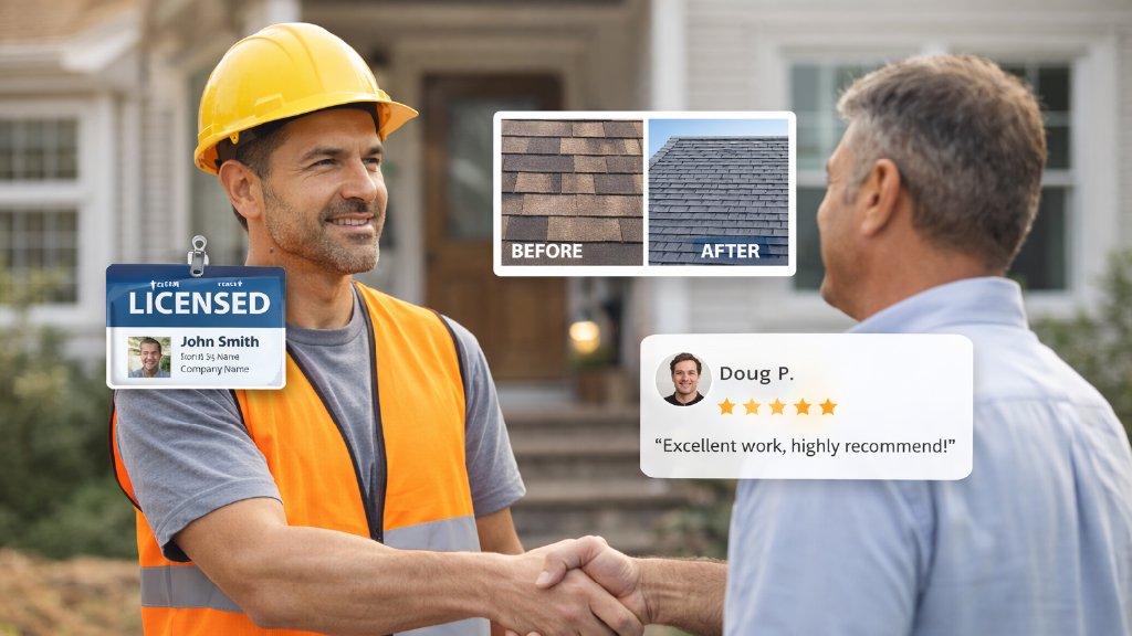 licensed contractor shaking hands with homeowner showing before and after roof work and five star review