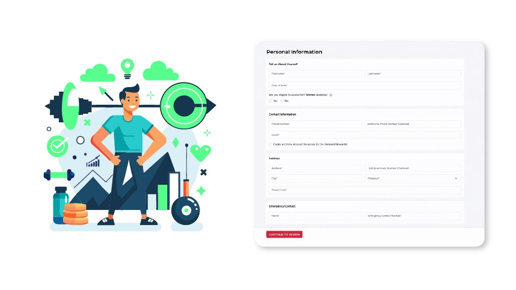 Illustration of a fit gym owner beside a contact form with name, email, phone fields, a send message button, and a local map pin showing fitness centre location