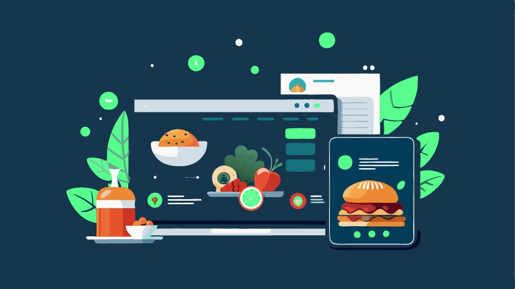 Illustration of a restaurant website shown on a laptop and phone, representing a mobile-friendly layout with clear menu and ordering sections