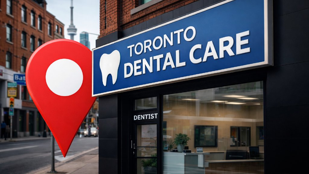 Exterior of a dental clinic with a visible location pin and clear signage, showing how patients can easily find and contact a nearby dental office