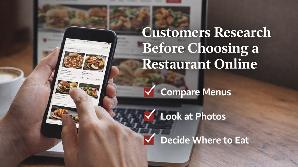 Person browsing a restaurant menu on a phone in front of a laptop, showing how customers compare menus, photos, and options before visiting a restaurant