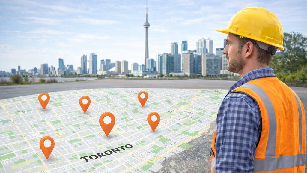local service coverage map of Toronto with neighbourhood location markers and contractor overlooking skyline