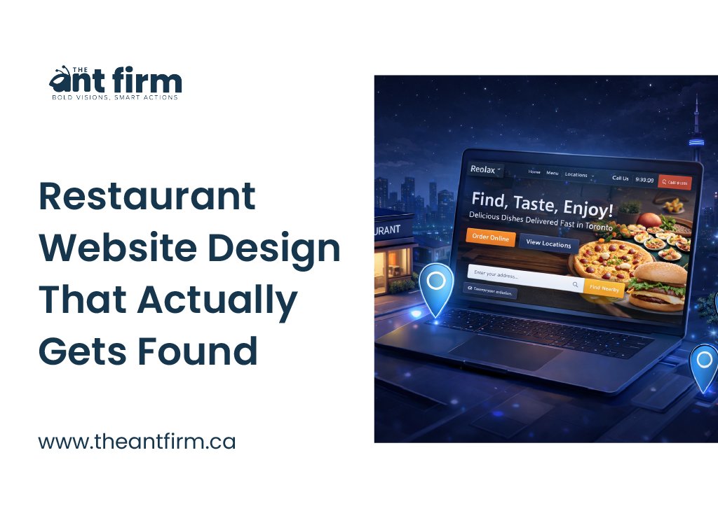 Laptop showing a restaurant website with “Order Online” and location pins, illustrating restaurant website design for local search visibility in Toronto