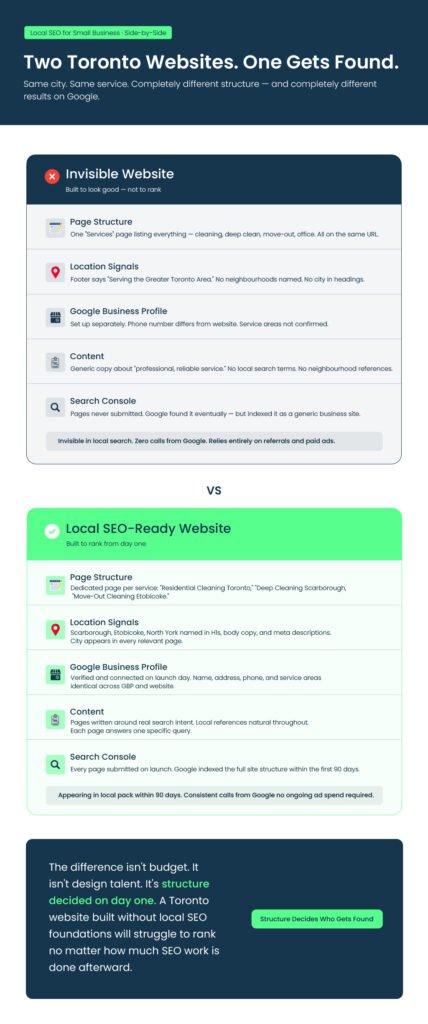 invisible Toronto website versus local SEO-ready website side by side comparison