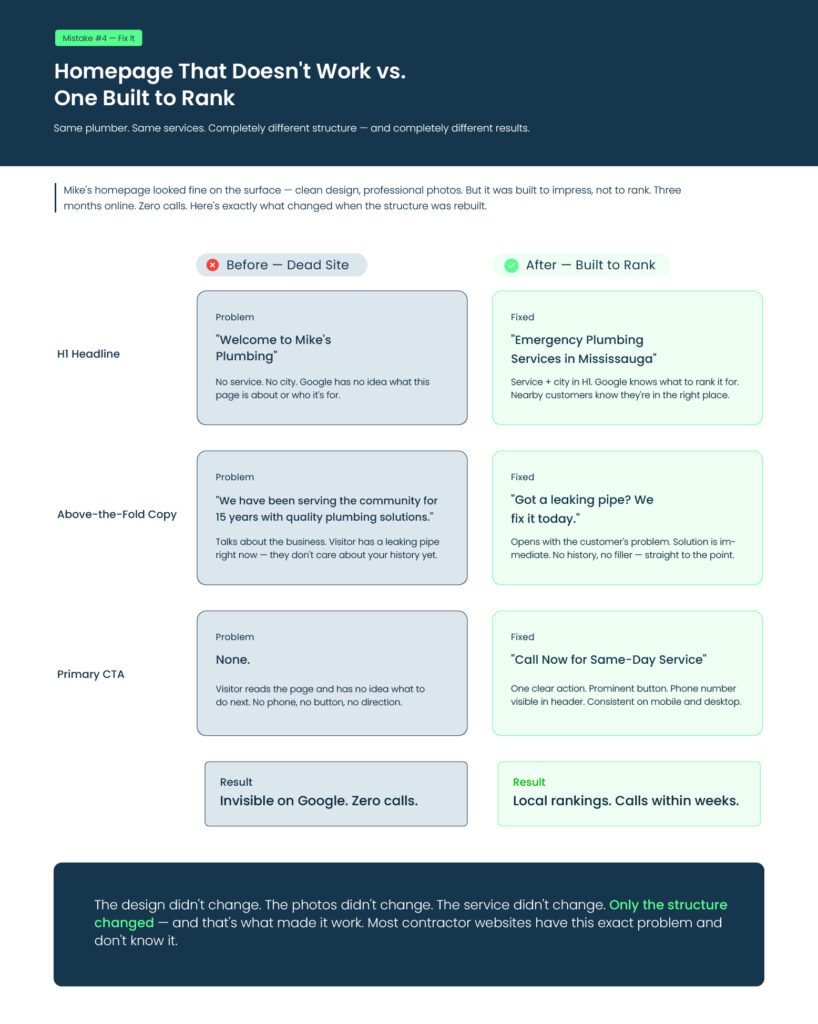 before and after homepage comparison showing small business website structure fix