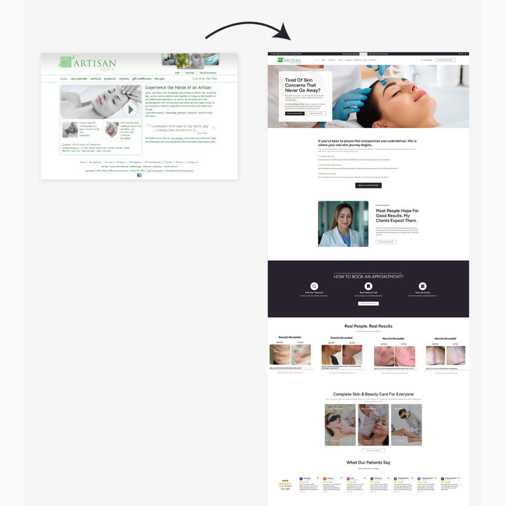 MedSpa Website Design for Artisan Beauty Clinic Toronto before and after — The Ant Firm