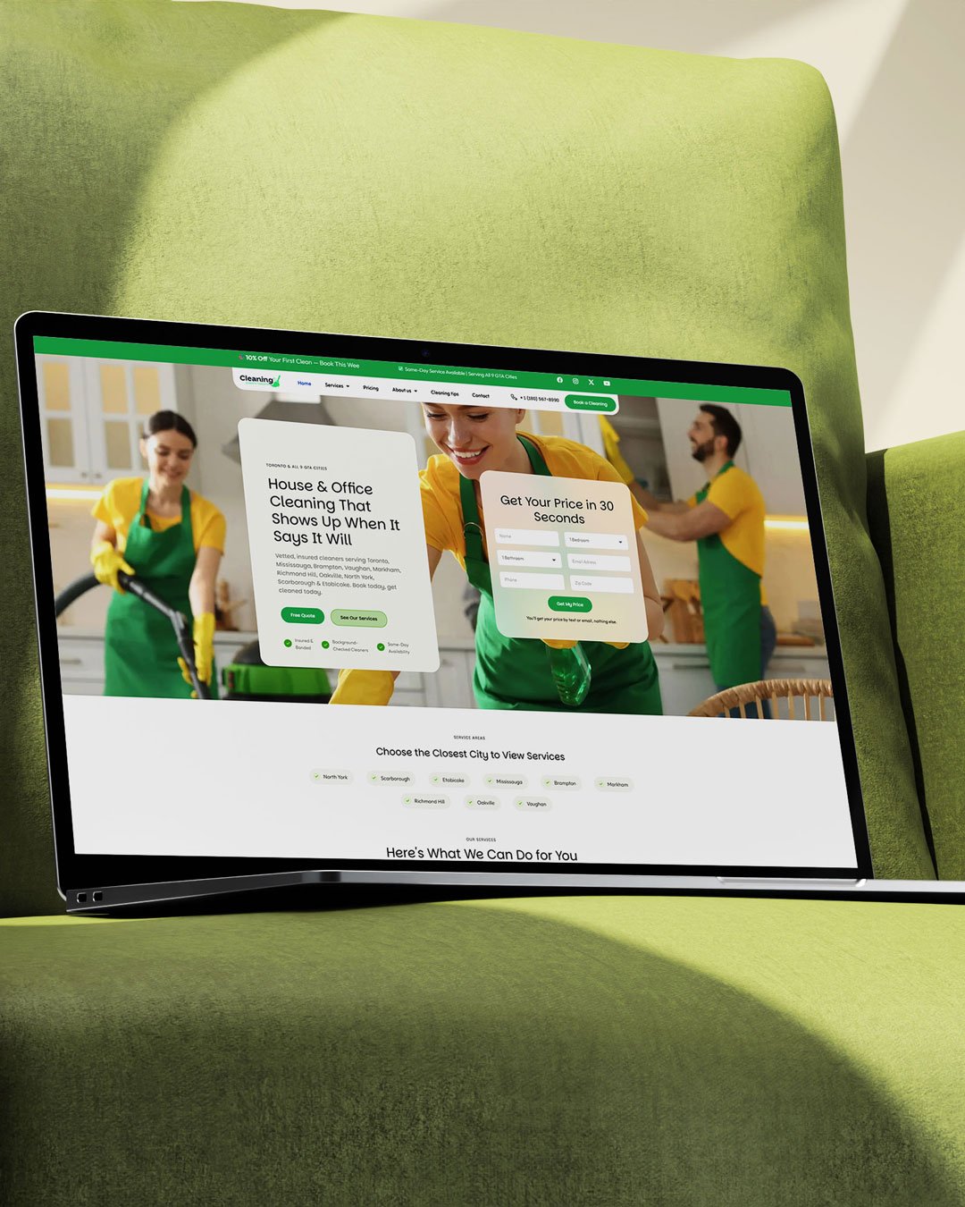 Laptop mockup of Cleaning Experts Toronto homepage — a real GTA cleaning company website built live using The Ant Firm's own process