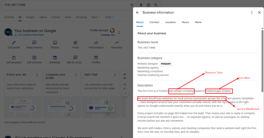 Annotated Google Business Profile description field showing business type, location, and services mentioned — example from The Ant Firm's own GBP listing
