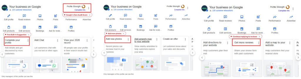 Annotated Google Business Profile dashboard showing the Profile Strength audit score and built-in suggestions to complete your profile and add new photos
