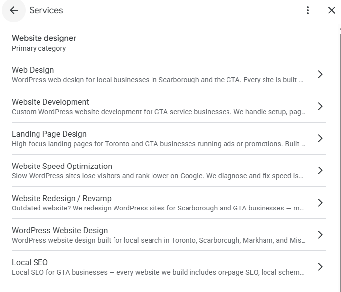 The Ant Firm's Google Business Profile Services section showing individually named services including Web Design, Website Development, Landing Page Design, and Local SEO