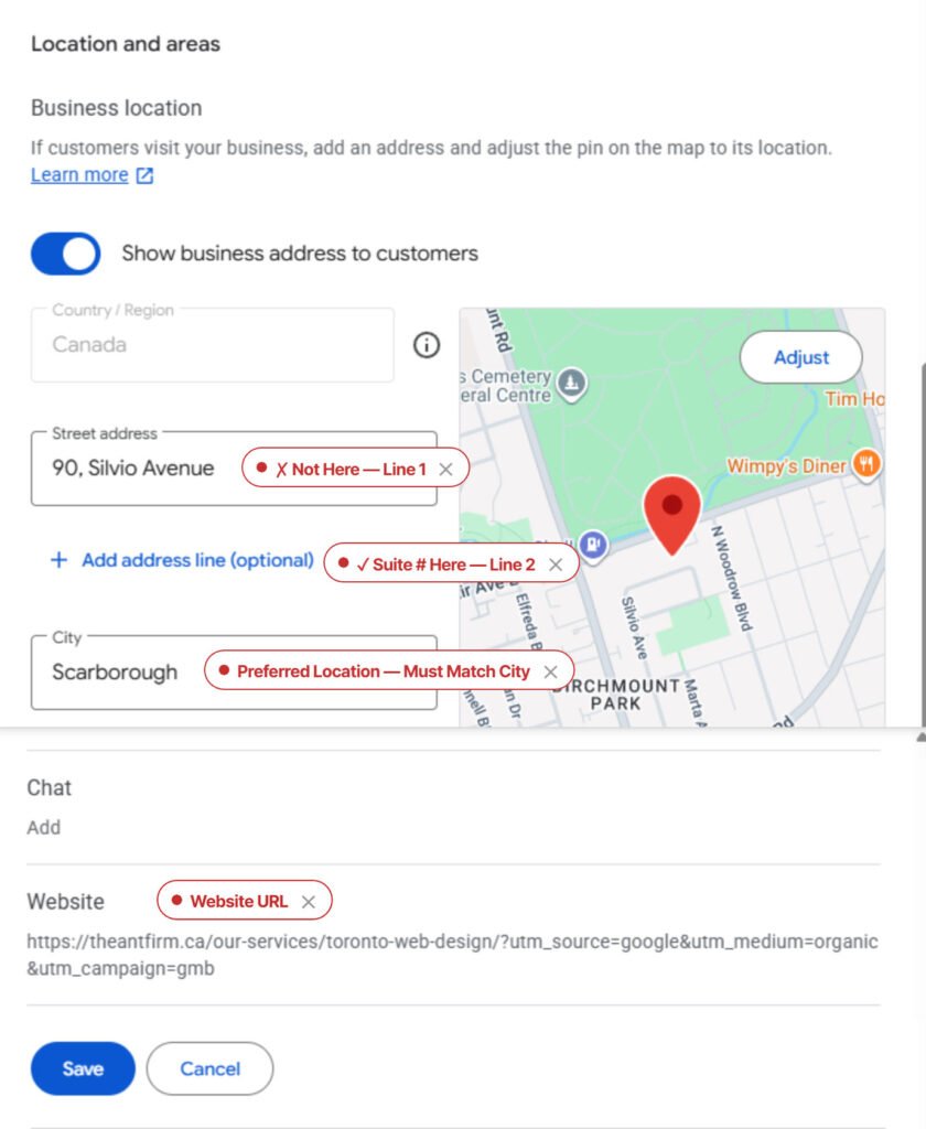 Annotated Google Business Profile settings showing preferred location city field, correct vs. incorrect address line placement, and website URL pointing to a specific service page