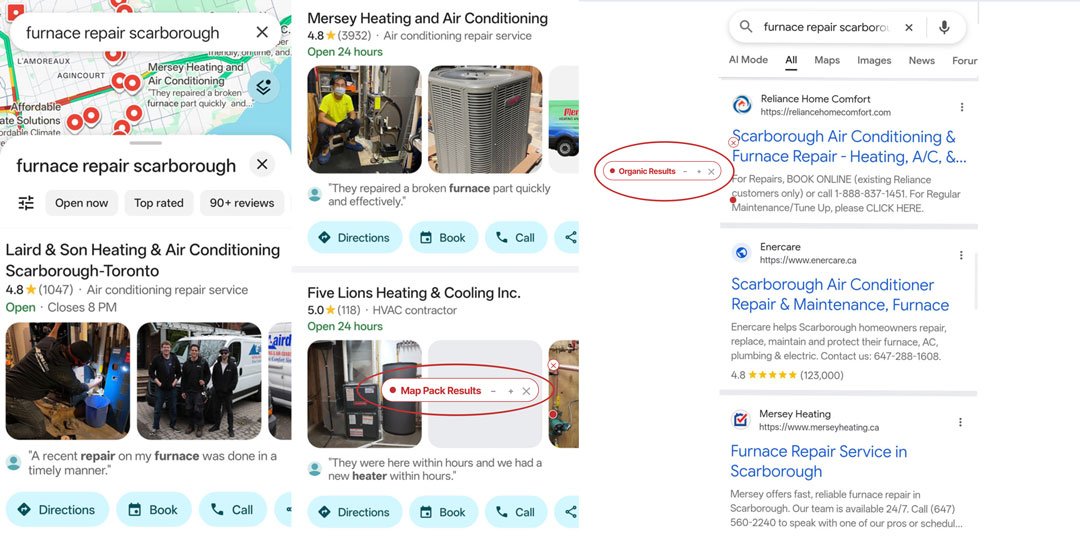 Mobile Google search results for furnace repair in Scarborough showing the map pack circled separately from organic results below it