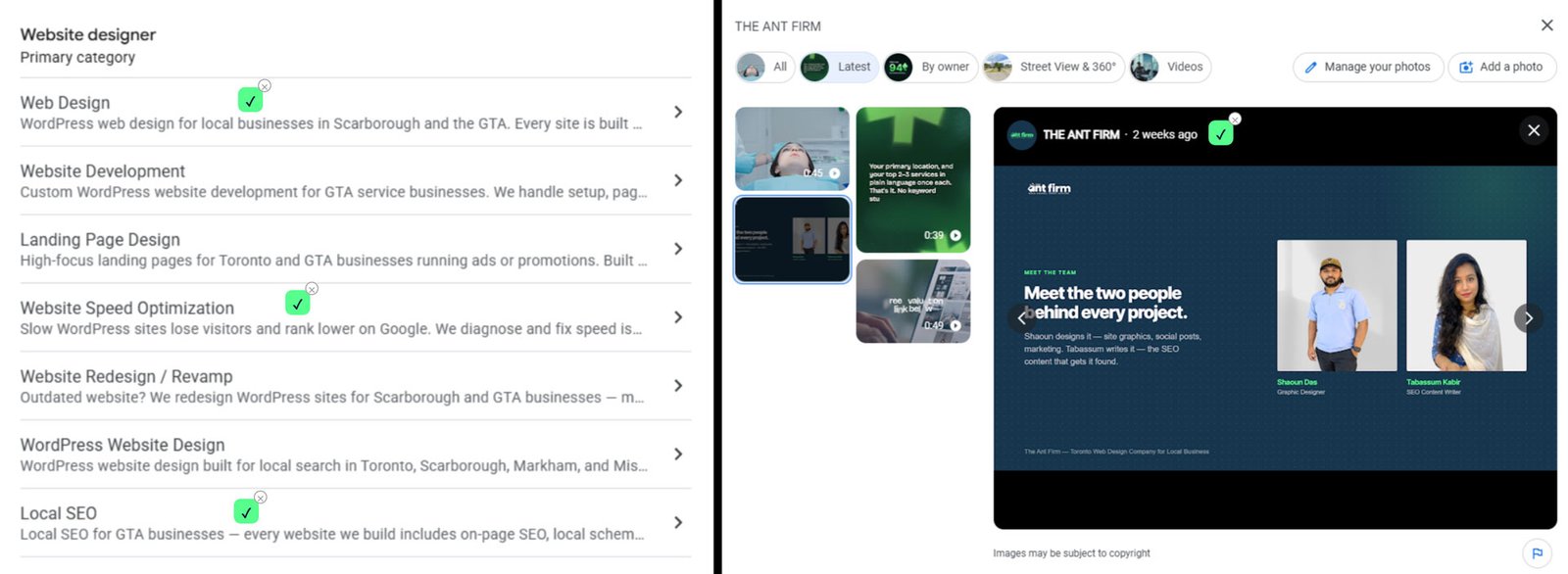 Google Business Profile services listed individually and a photo dated 2 weeks ago, annotated with green checkmarks