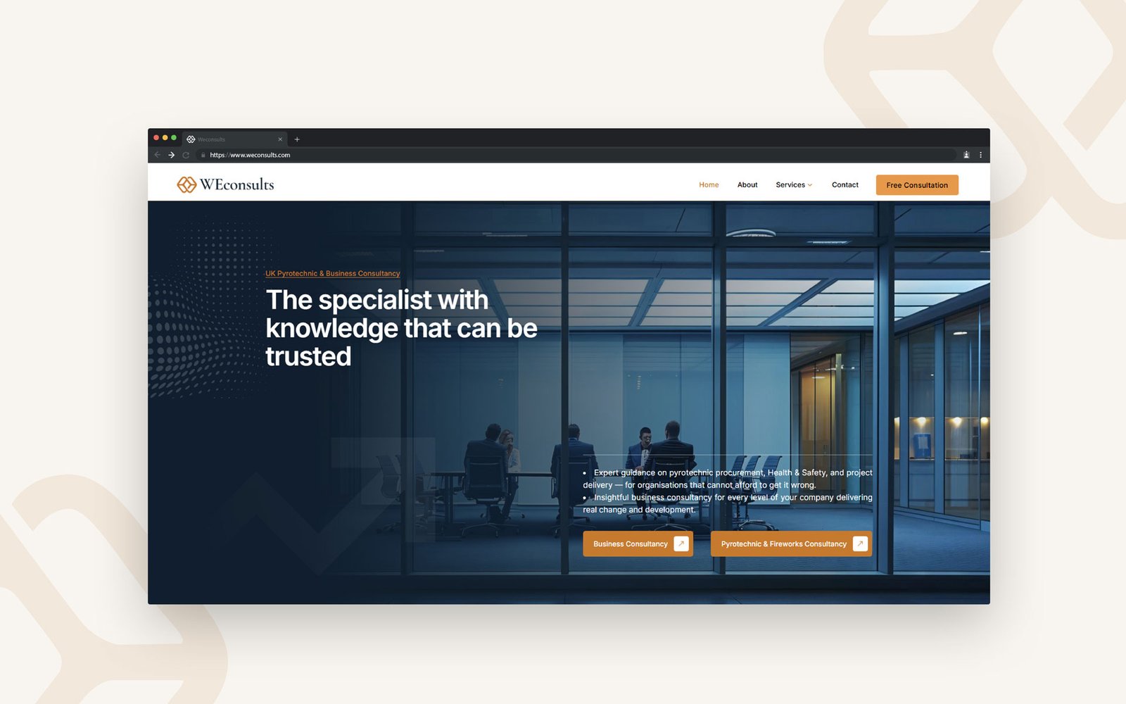 Business consultant website design mockup for WEconsults on laptop