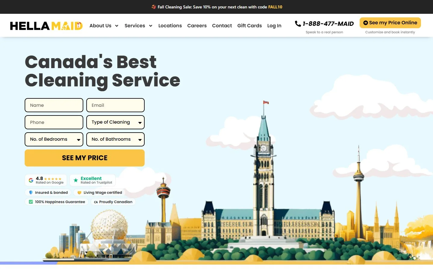 Hellamaid home page hero with a price estimator form asking for cleaning type, bedrooms and bathrooms