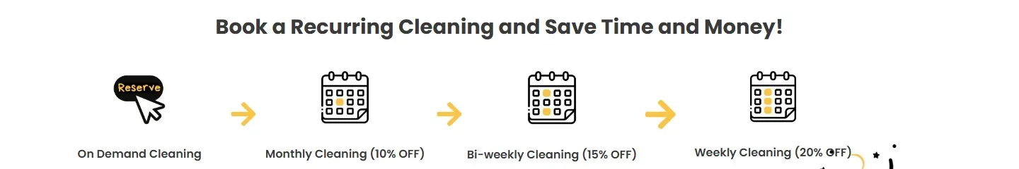 Hellamaid recurring cleaning discount tiers: monthly 10 percent off, bi-weekly 15 percent off, weekly 20 percent off