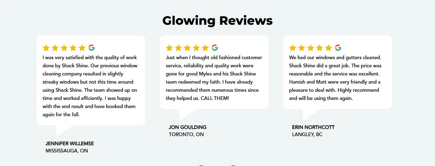 Reviews section on the Shack Shine home page showing three Google reviews with reviewer names and towns