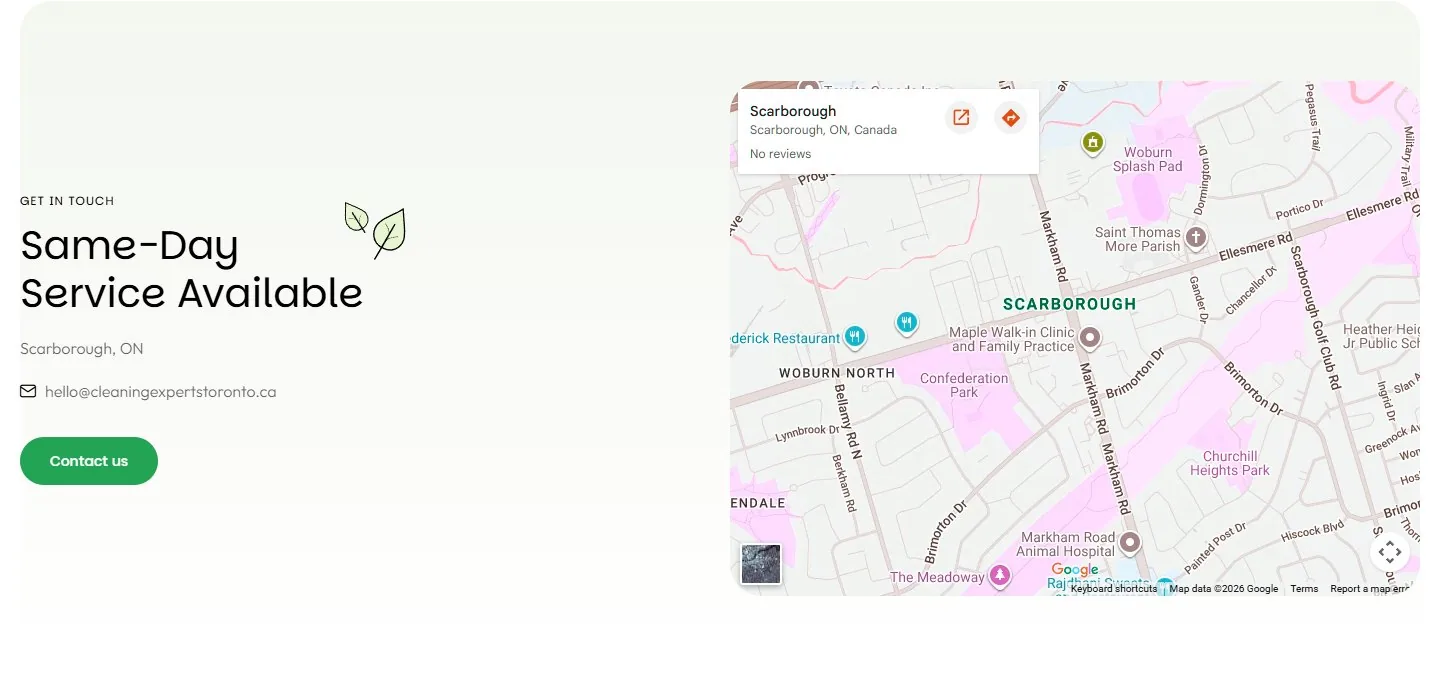 Contact block with area, email, contact button and an embedded Google map of Scarborough