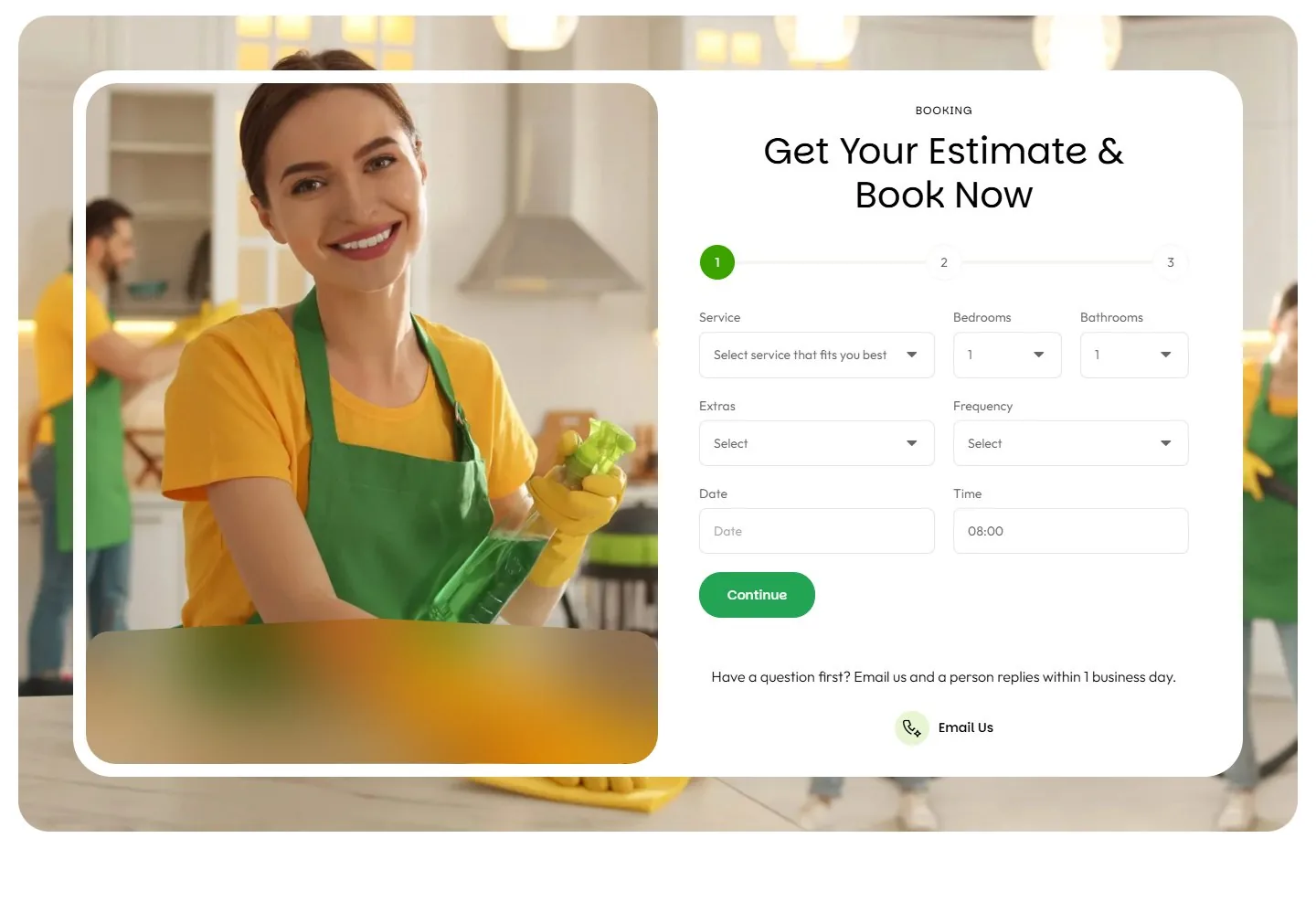 Estimate and booking form near the bottom of a cleaning company home page