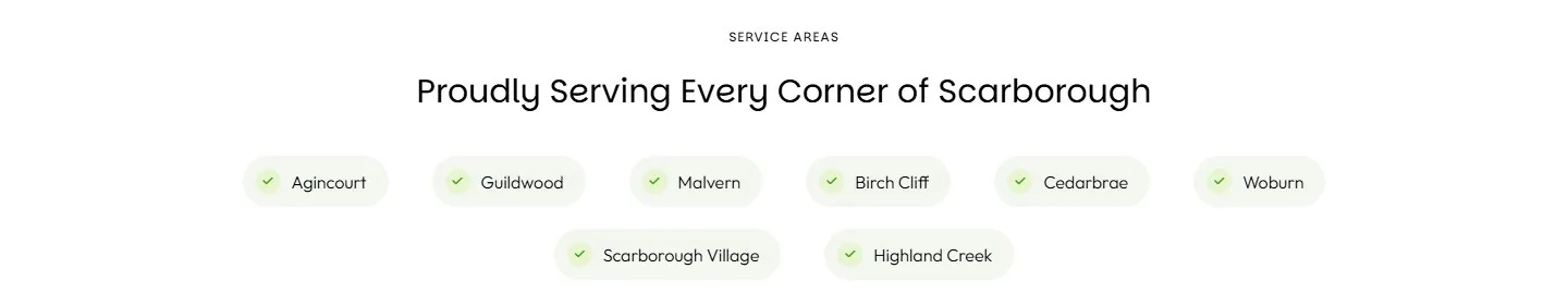 Service area strip listing eight Scarborough neighbourhoods on a cleaning company home page