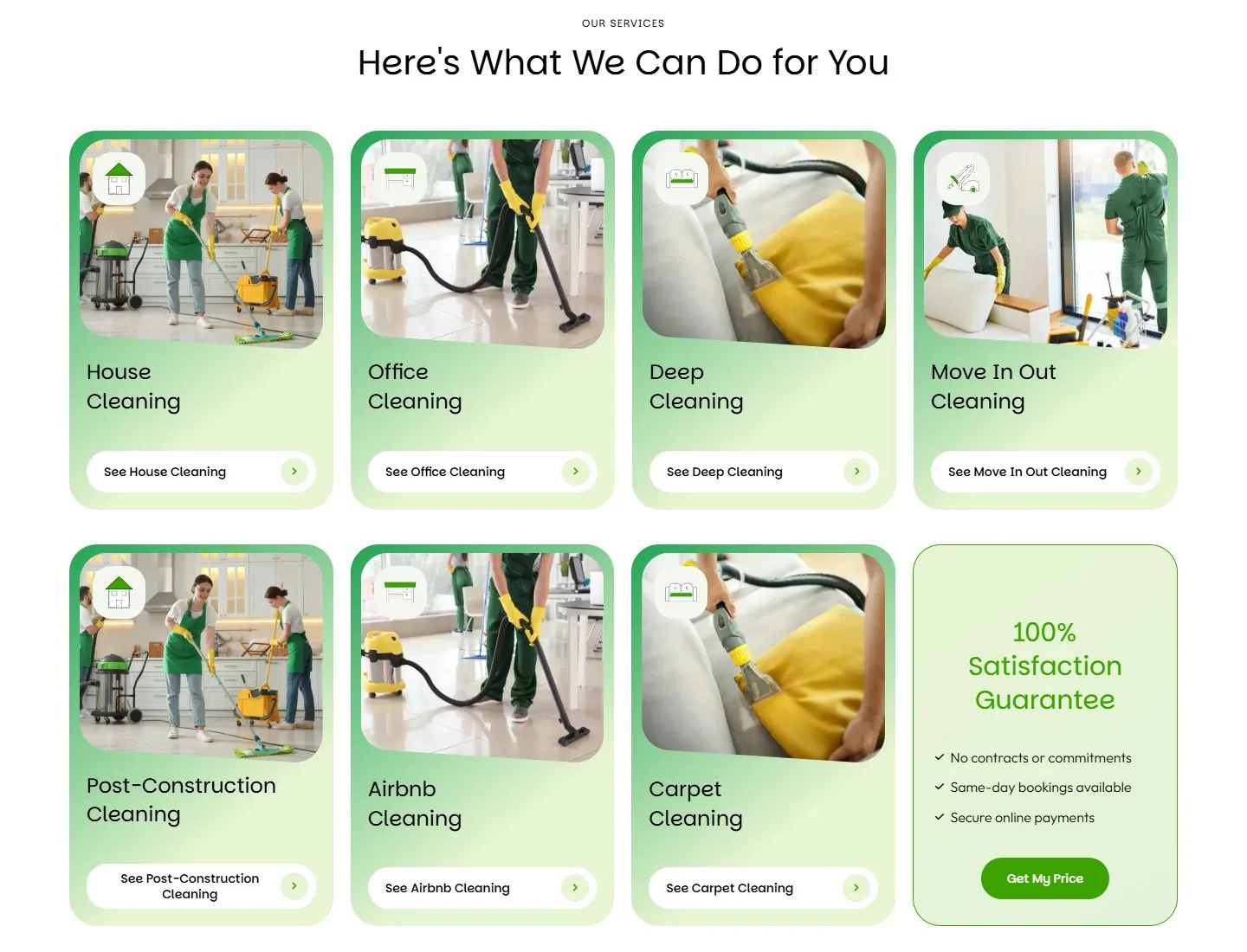 Services section with seven service cards and a guarantee card on a cleaning company home page