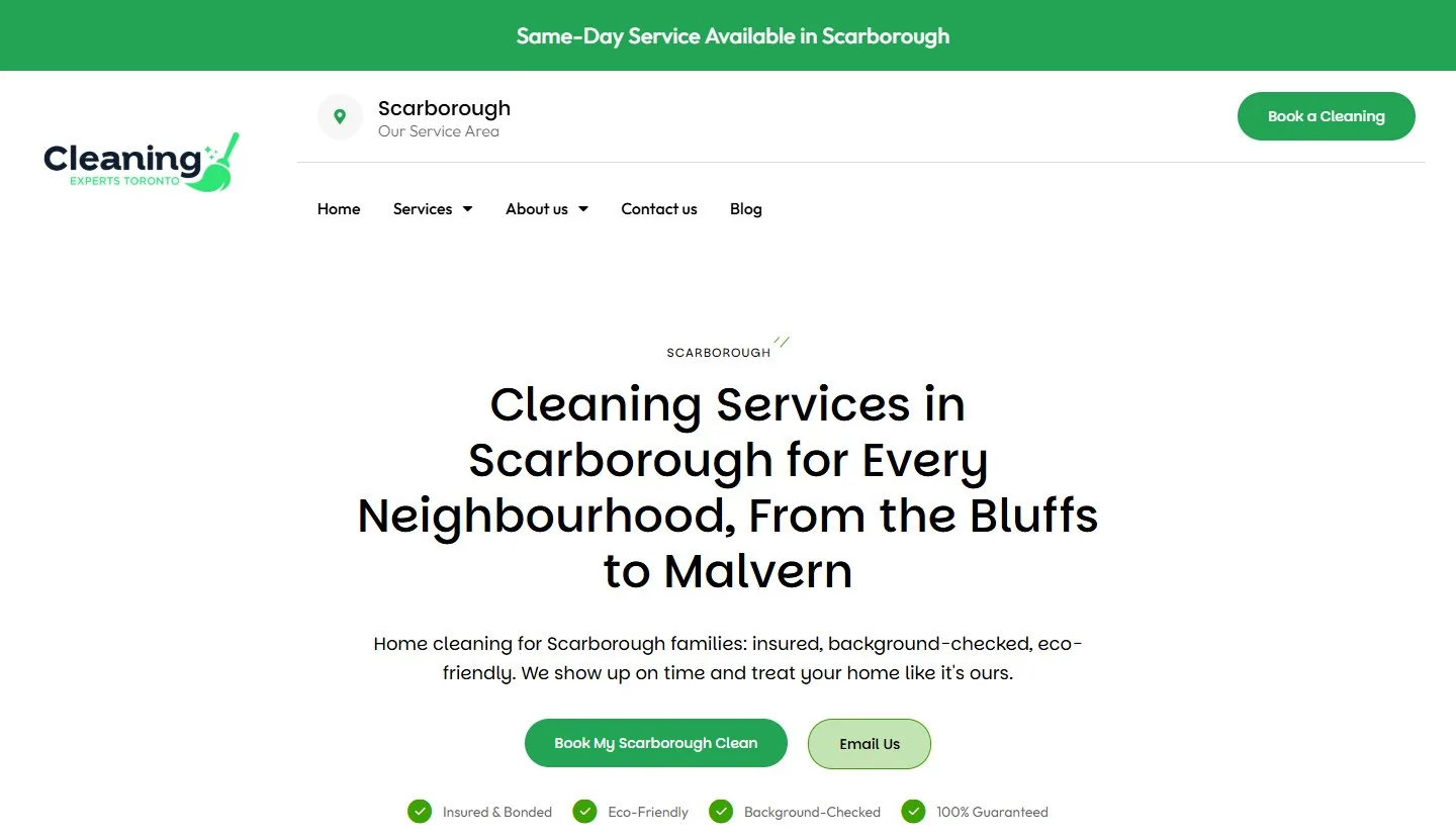 Hero of a Scarborough location page for a cleaning company naming the Bluffs and Malvern