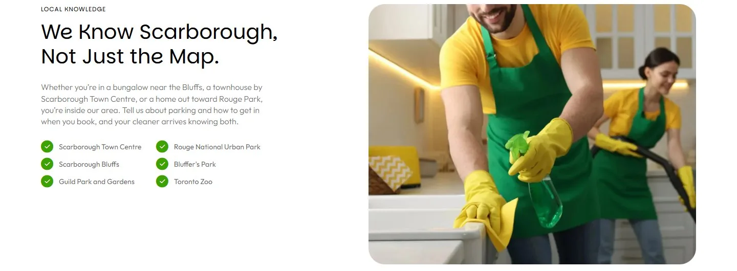 Local knowledge section naming Scarborough landmarks on a cleaning company location page