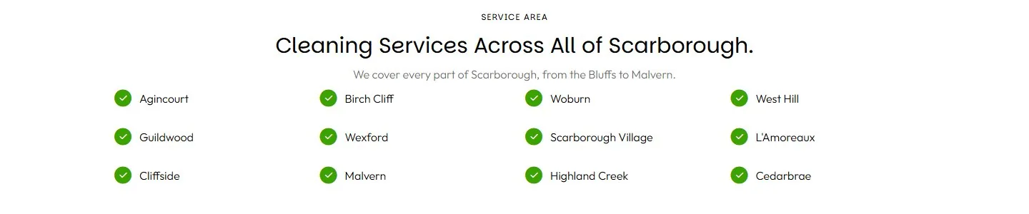 List of twelve Scarborough neighbourhoods served on a cleaning company location page