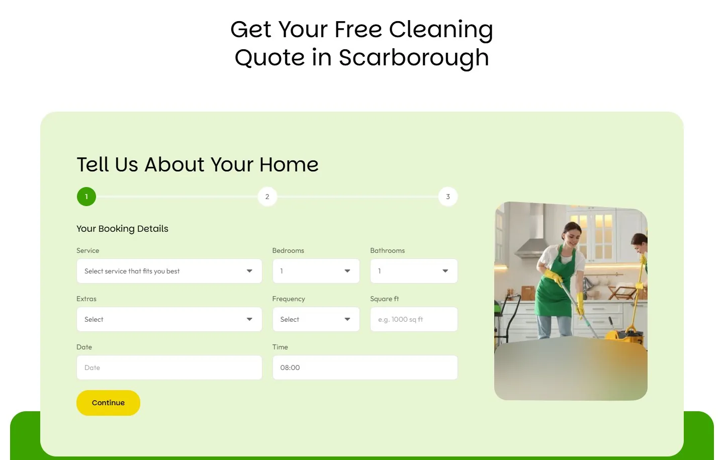 Free cleaning quote page with a multi-step form asking about the home