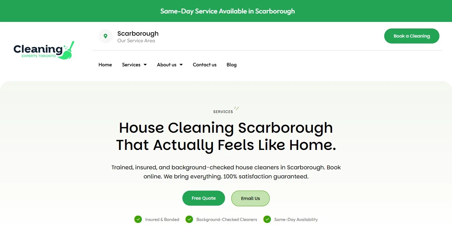 Hero section of a house cleaning Scarborough service page with headline, two buttons and three trust points